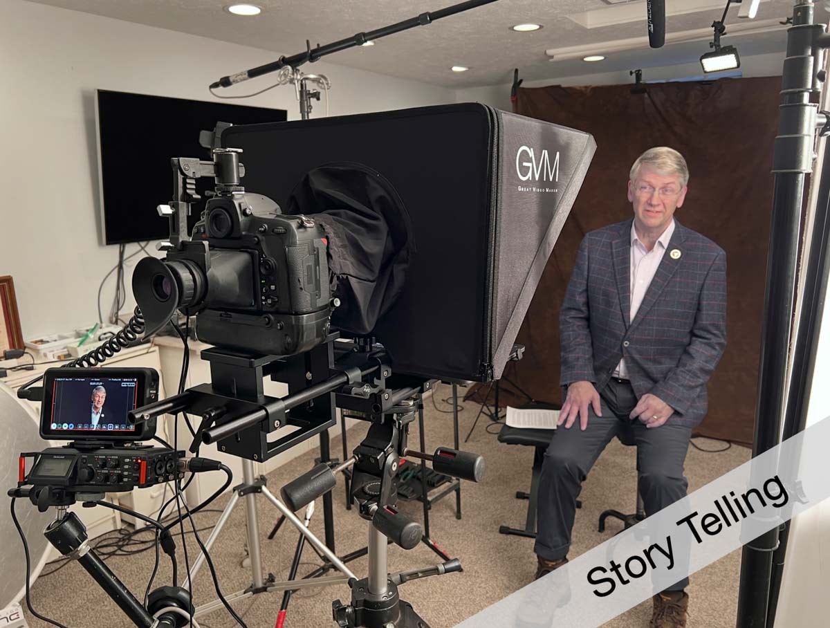 Behind-the-scenes video production with studio lighting and camera equipment